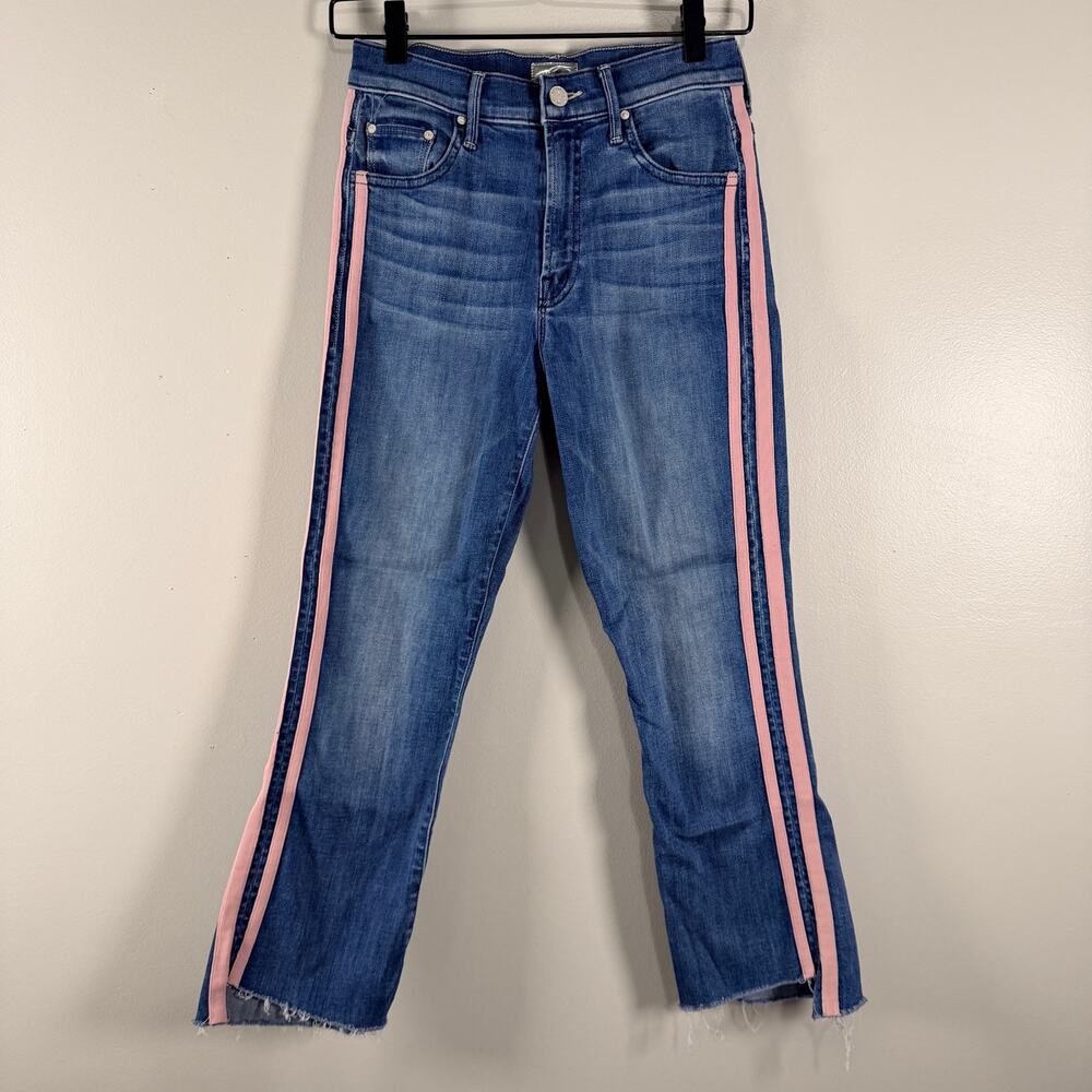 MOTHER Women The Crop Step Fray Jean Pink Side Stripe Good Girls Pace Raw Hem 25